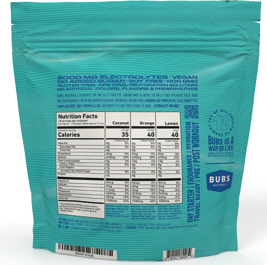 BUBS Naturals Hydration Powder - Variety Pack - Hydrate or Die Electrolyte Powder - All-Natural, Keto-Friendly, Gluten-Free,  No Sugar Added - Boosts Energy  Stamina Enhances Recovery (18 Servings)