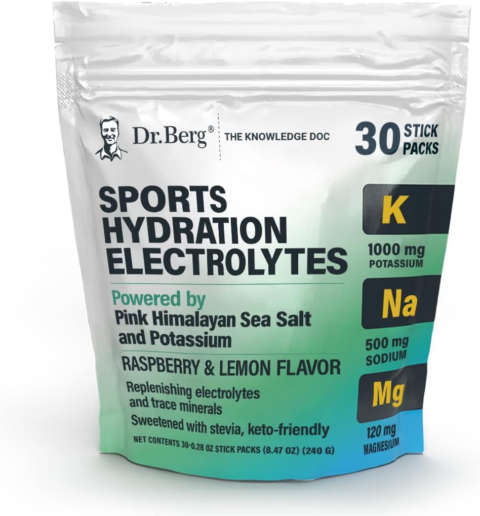 Dr. Berg Sports Hydration Electrolytes Powder w/More Salt (Pink Himalayan) - 30 Keto Electrolytes Powder Packets w/a Delicious Salty Raspberry  Lemon Natural Flavor - Includes 1,000mg of Potassium