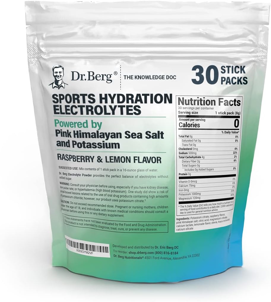 Dr. Berg Sports Hydration Electrolytes Powder w/More Salt (Pink Himalayan) - 30 Keto Electrolytes Powder Packets w/a Delicious Salty Raspberry  Lemon Natural Flavor - Includes 1,000mg of Potassium