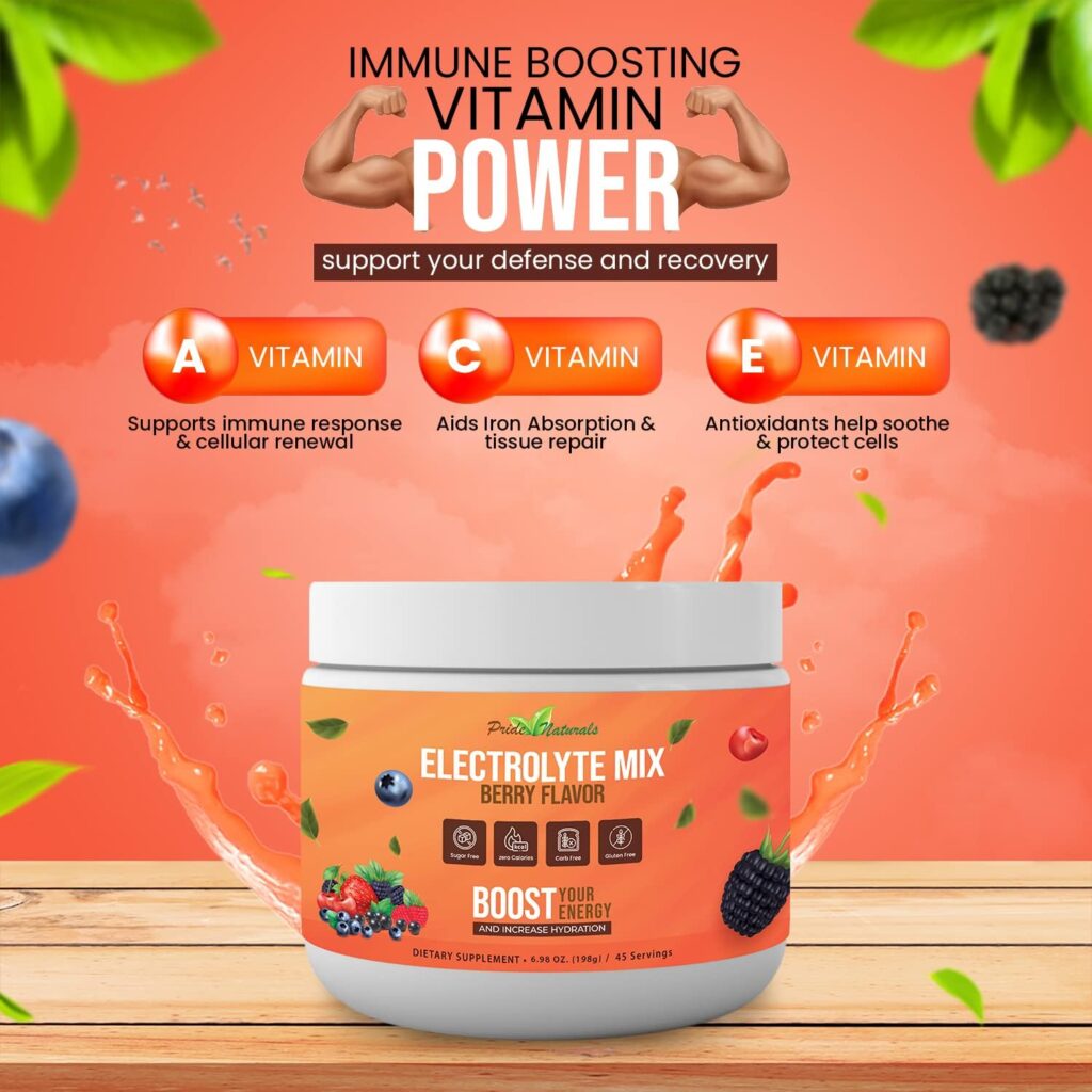 Electrolyte Powder - Refreshing Workout Recovery Electrolytes, Sugar Free, Gluten Free  Vegan, Pure Keto  Paleo Hydration Beverage, Immune Boosting Vitamins (198 Grams, Berry)