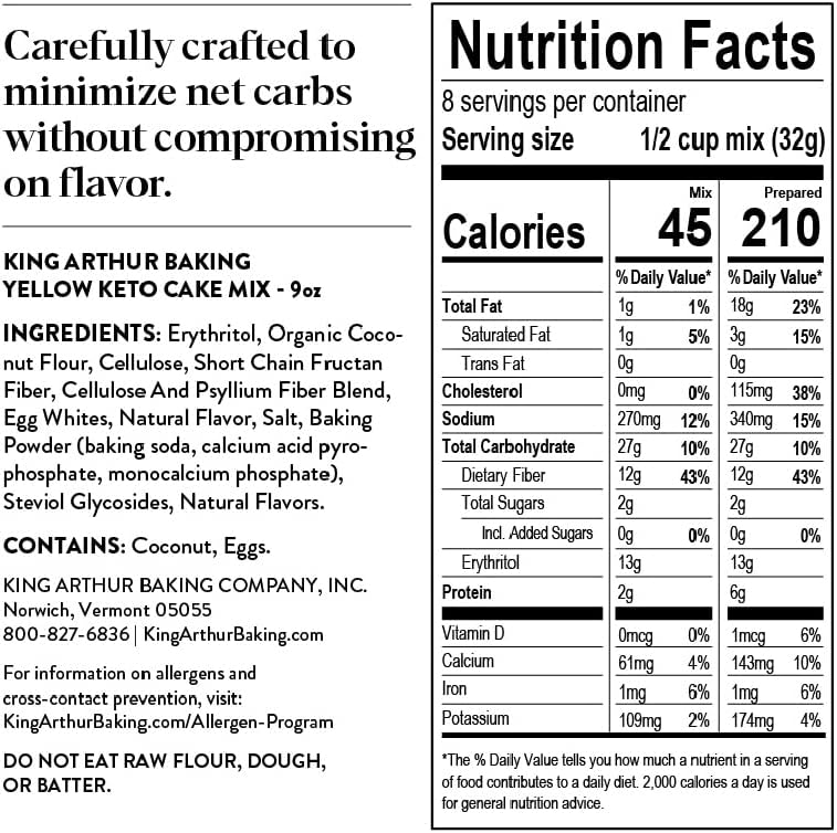 King Arthur Baking Keto Cake Mix, Yellow, 2g Net Carbs 0g Added Sugar Per Serving, Low Carb  Keto Friendly, 9oz, White