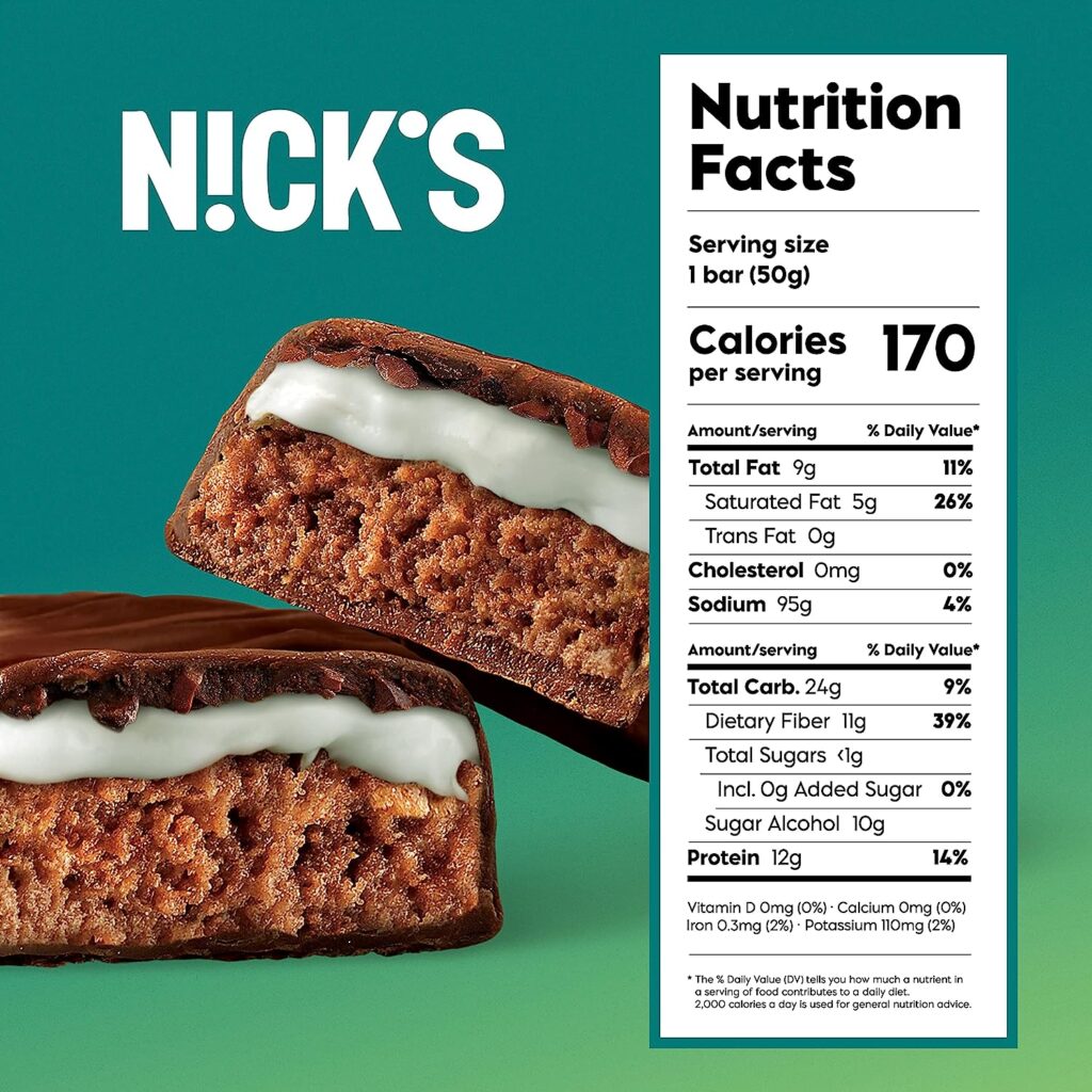 Nicks Swedish-Style Snack Bar, Mint Chocolate, Keto Protein Bar, 12g Protein, Low Carb, Low Sugar, Meal Replacement Bar, Keto-Friendly Snack,12-Count