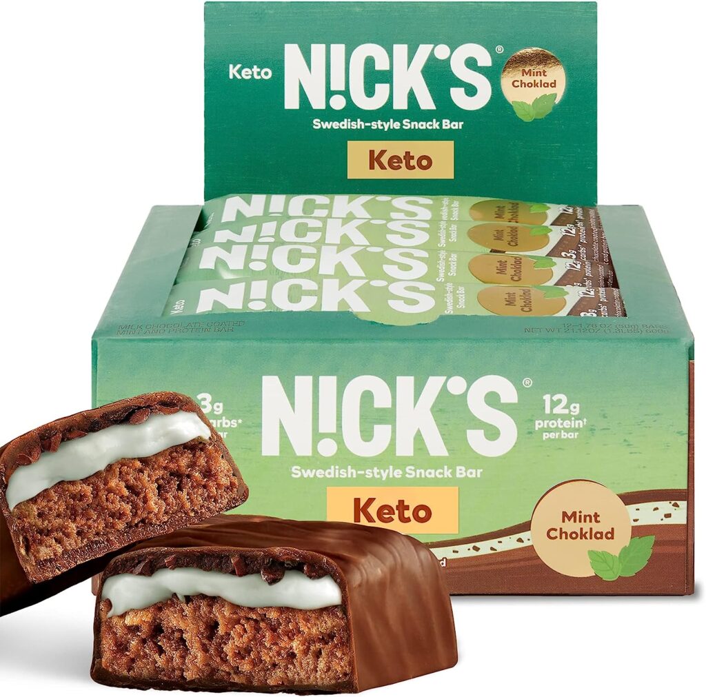 Nicks Swedish-Style Snack Bar, Mint Chocolate, Keto Protein Bar, 12g Protein, Low Carb, Low Sugar, Meal Replacement Bar, Keto-Friendly Snack,12-Count