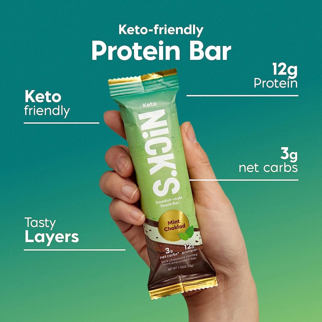 Nicks Swedish-Style Snack Bar, Mint Chocolate, Keto Protein Bar, 12g Protein, Low Carb, Low Sugar, Meal Replacement Bar, Keto-Friendly Snack,12-Count