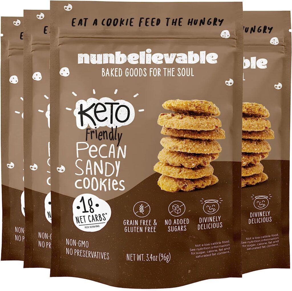 Nunbelievable Pecan Sandy Keto Cookies | Delicious Sugar Free Diabetic Snacks | Non GMO and Grain Free Keto Snack | Healthy Snacks for Adults | 3.4 Ounce Bags, Pack of 4