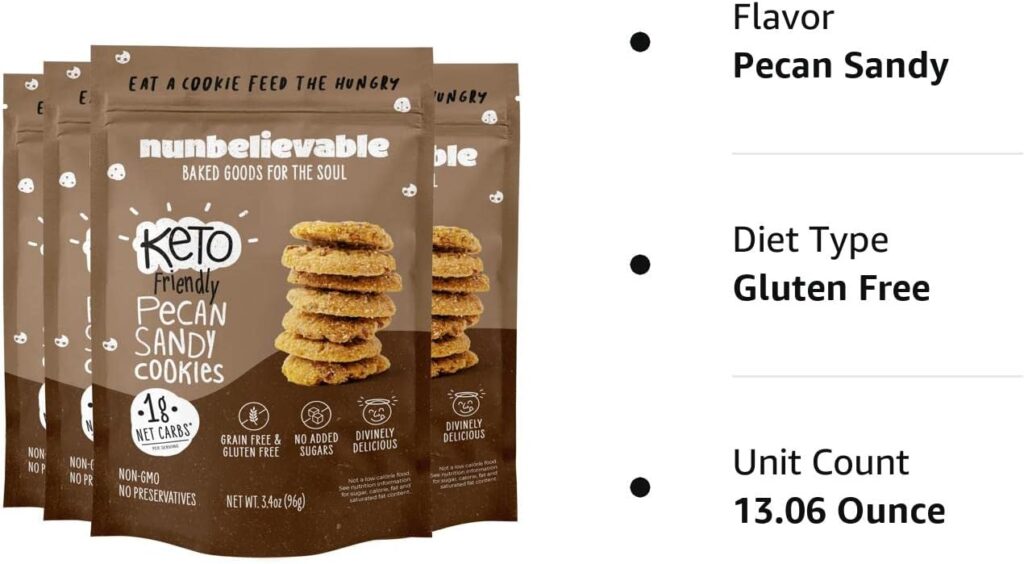 Nunbelievable Pecan Sandy Keto Cookies | Delicious Sugar Free Diabetic Snacks | Non GMO and Grain Free Keto Snack | Healthy Snacks for Adults | 3.4 Ounce Bags, Pack of 4