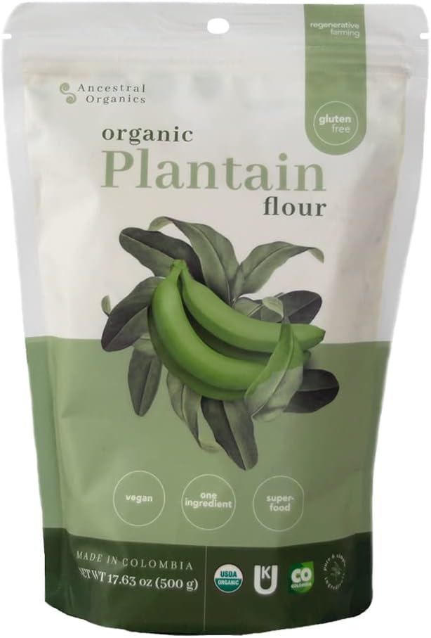 Organic Plantain Flour by Ancestral Organics, 17.63oz (500g) | Gluten Free All Purpose Flour Alternative, High Fiber  Vitamins, Rich in Potassium, Low Calorie, Sugar Free, Single Origen, Keto/Paleo Diets