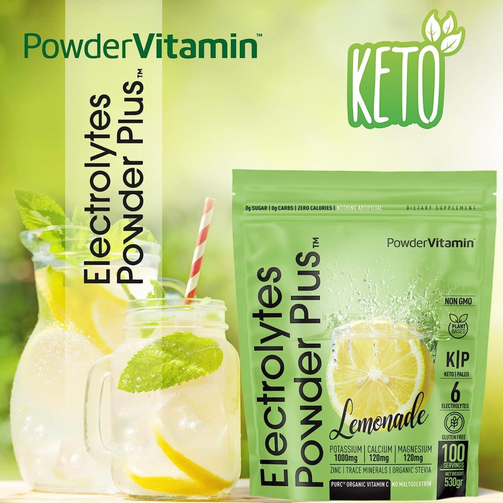 PowderVitamin Electrolytes Powder Plus Keto, Lemonade (100 Servings) 0 Sugar, No Maltodextrin,1000mg Potassium,120mg Calcium,120mg Magnesium,Organic Vitamin C,Zero Calories, Energy Hydration Powder