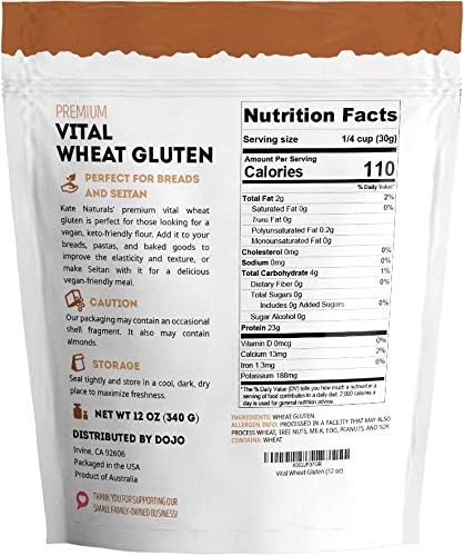 Vital Wheat Gluten for Bread Making, Baking  Seitan (12oz) - Kate Naturals. Natural Powder for Bread Machine. Non-GMO, High Protein Flour, Low Carb Bread for Vegan Gluten  Keto