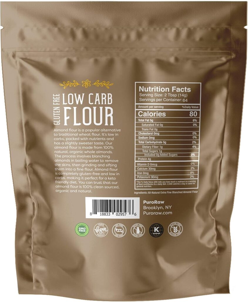 Almond Flour, 2lb, Blanched Almond Flour for Baking, Fine Almond Flour Keto, Almond Powder, Keto Flour, Almond Meal, Gluten Free Flour, Non-GMO, Batch Tested, 2 Pounds, By PuroRaw.