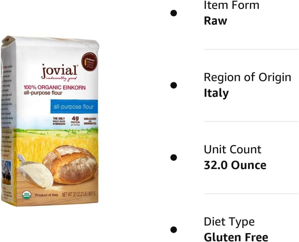 Jovial Einkorn 100% Organic Einkorn All Purpose Flour - Baking Flour, High Protein, Non-GMO, USDA Certified Organic, Unbleached Flour, Product of Italy, Organic All Purpose Flour - 32 Oz