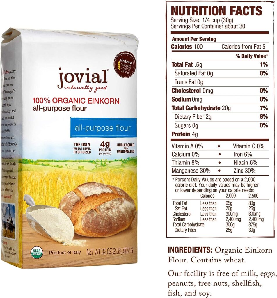 Jovial Einkorn 100% Organic Einkorn All Purpose Flour - Baking Flour, High Protein, Non-GMO, USDA Certified Organic, Unbleached Flour, Product of Italy, Organic All Purpose Flour - 32 Oz